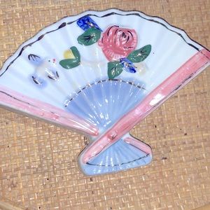 Vintage Hand Painted Lusterware Asian Fan Porcelain Wall Pocket Chintz
